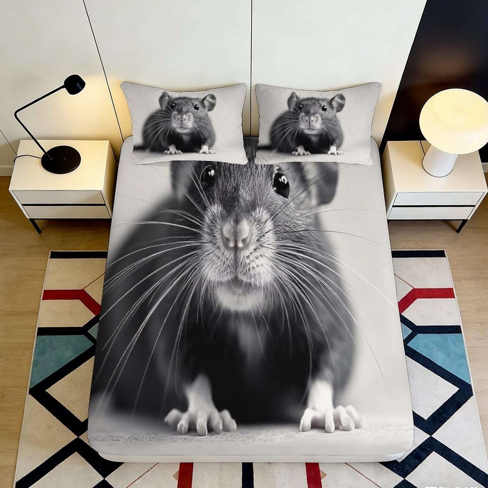 3D Printed Realistic Rat Fitted Sheet Microfiber Soft Breathable Cartoon Mouse Mattress Cover Anti-Slip Bedroom Decor for Home Dorm 140x200x25cm