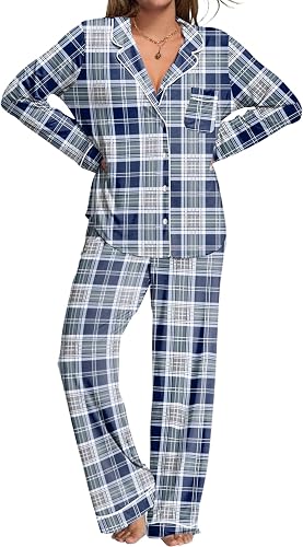 Ekouaer Womens Pajamas Set 2 Piece Button Down Pjs Soft Long