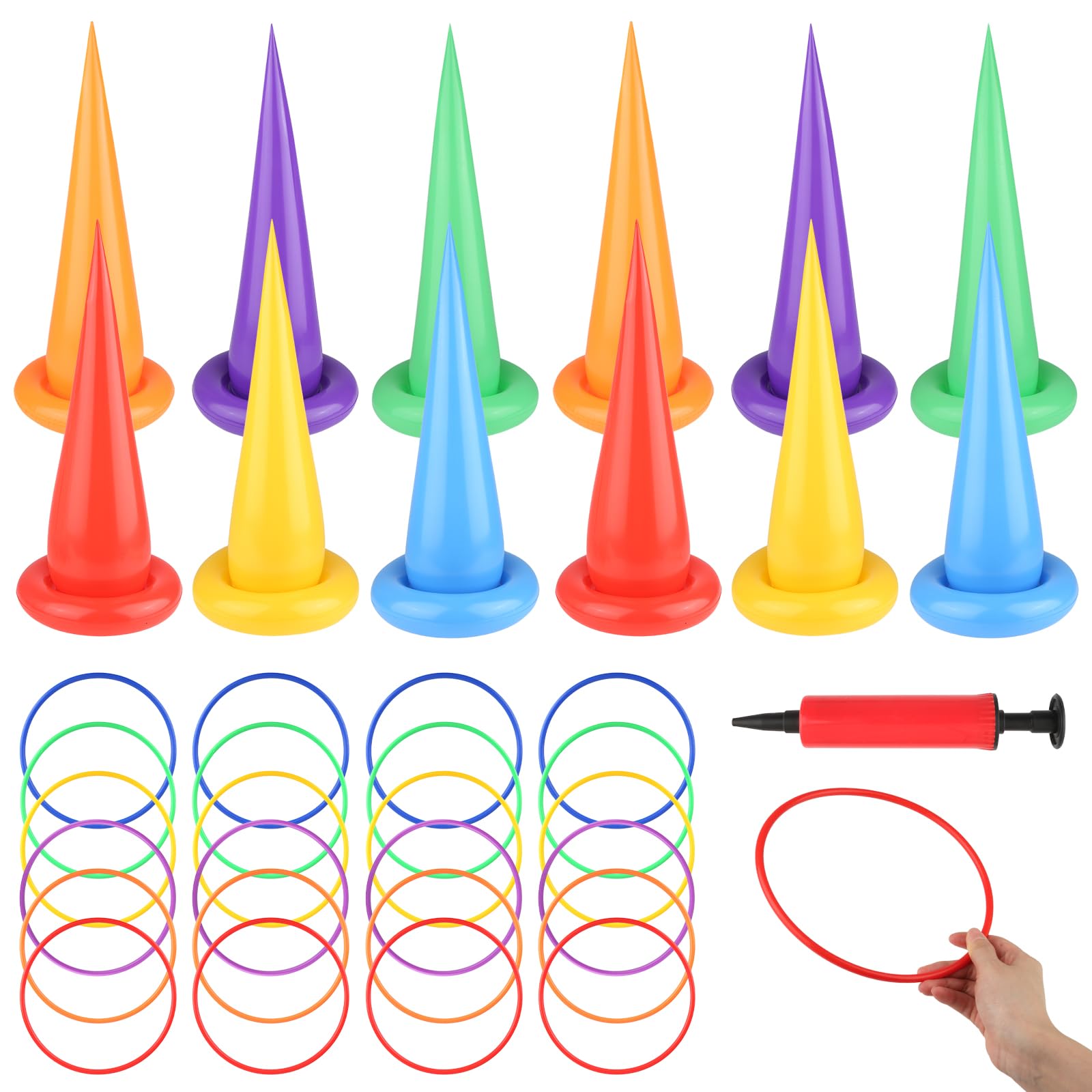 36pcs Inflatable Ring Toss Game Set, Colorful Carnival Games for Kids with Inflator, Reusable Ring Toss Game for Kids and Adults Indoor or Uutdoor Fun Games (12 Inflatables + 24 Rings)