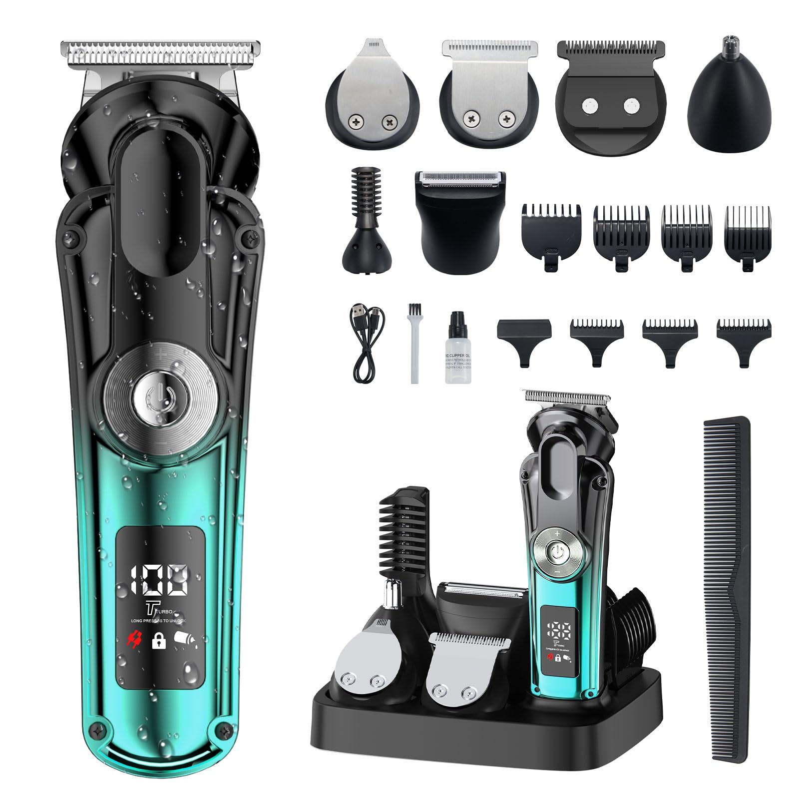 KOMINGDON 20 Piece Hair Clipper Beard Trimmer for Men, All-in-One Men's Grooming Kit for Nose,Ear,Body,Mustache, Cordless Electric Shaver Razor with