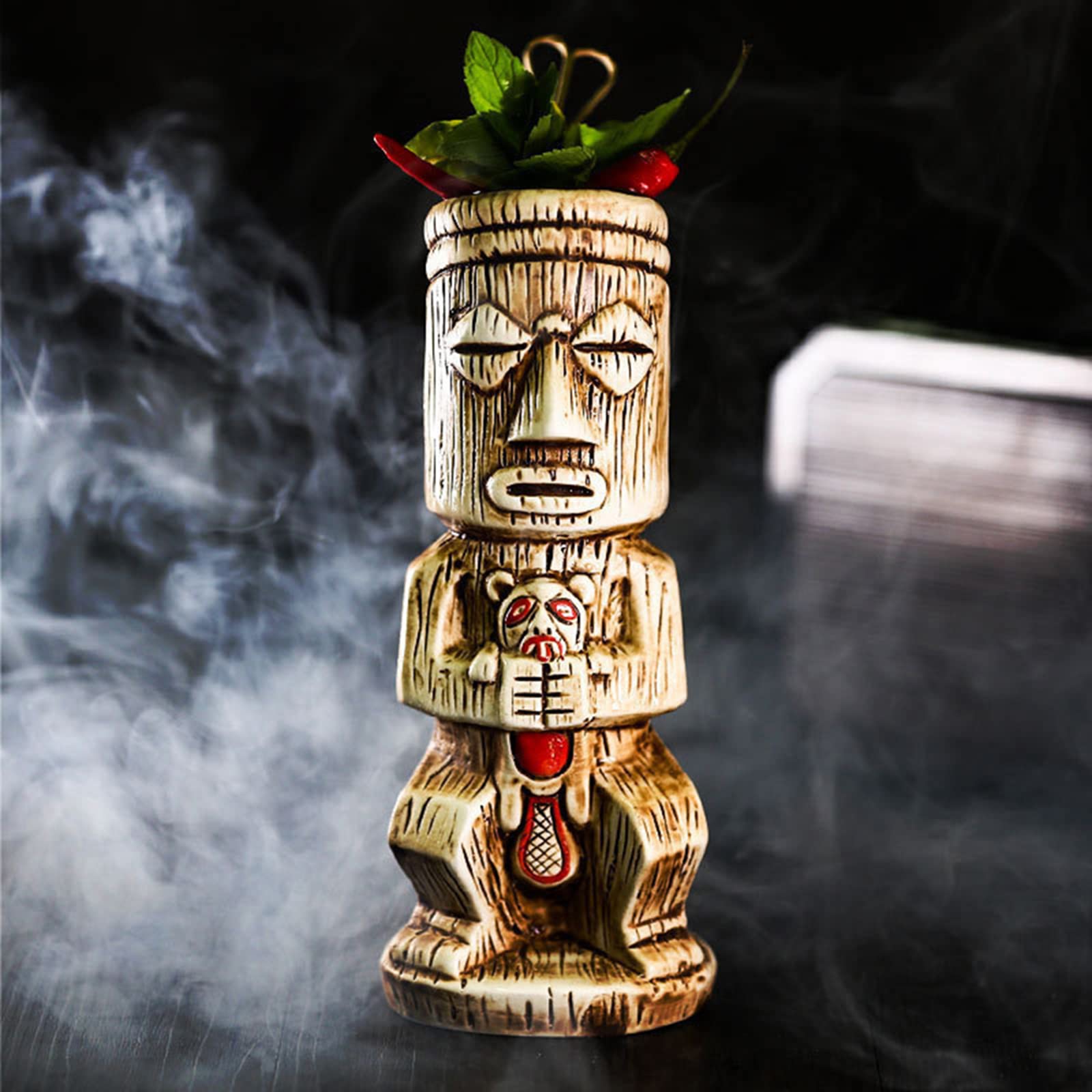 tiki Cocktails Tiki Mugs Ensemble de 4 Tasses à Cocktail en Céramique Verres à Cocktail Exotiques Tiki Bar Professionnel Hawaiian Party Barware tiki mug reutilisable,Beige