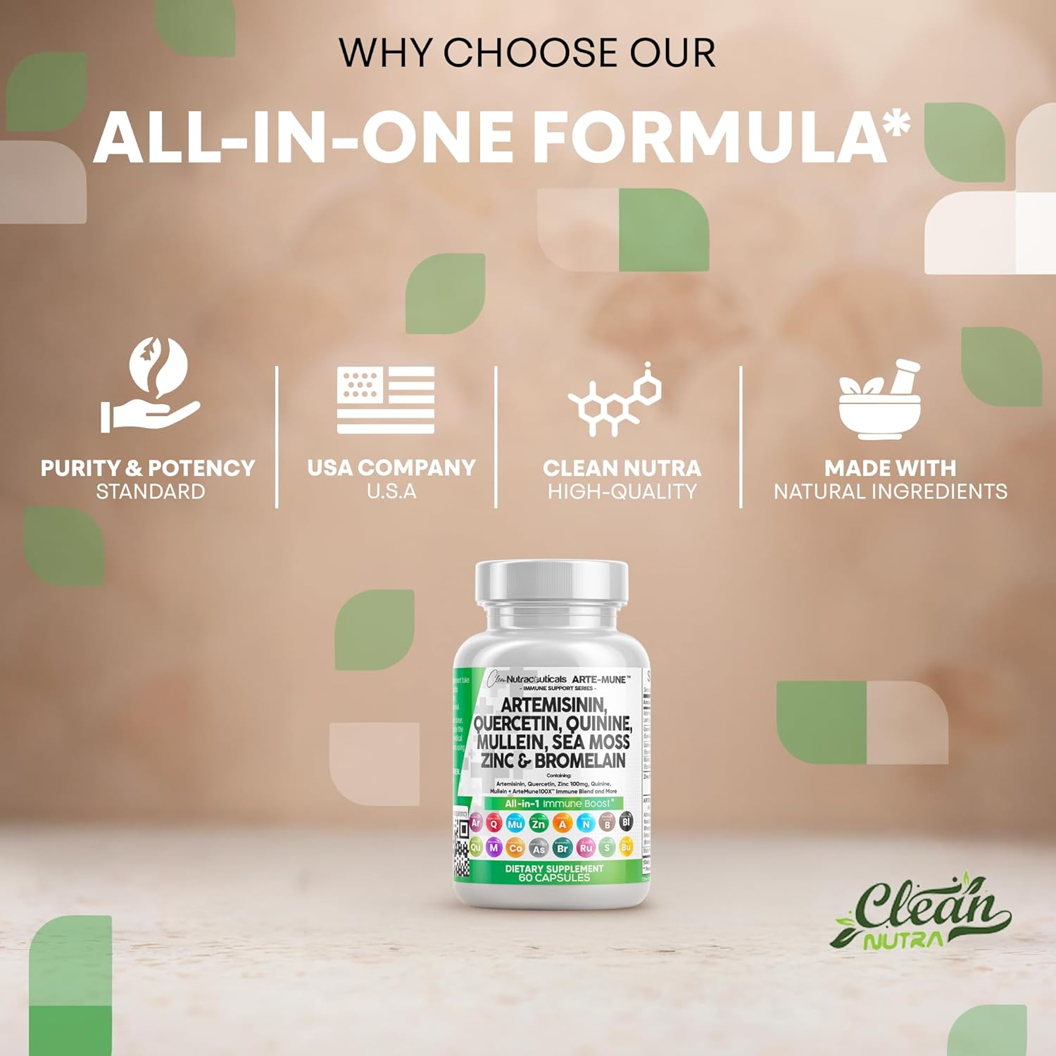 Clean Nutraceuticals Artemisinin Quercetin Zinc Mullein Quinine Supplement with Sea Moss Bromelain Ashwagandha Root Nettle Leaf Bladderwrack Burdock Root Monolaurin Colostrum Rutin - Image 7