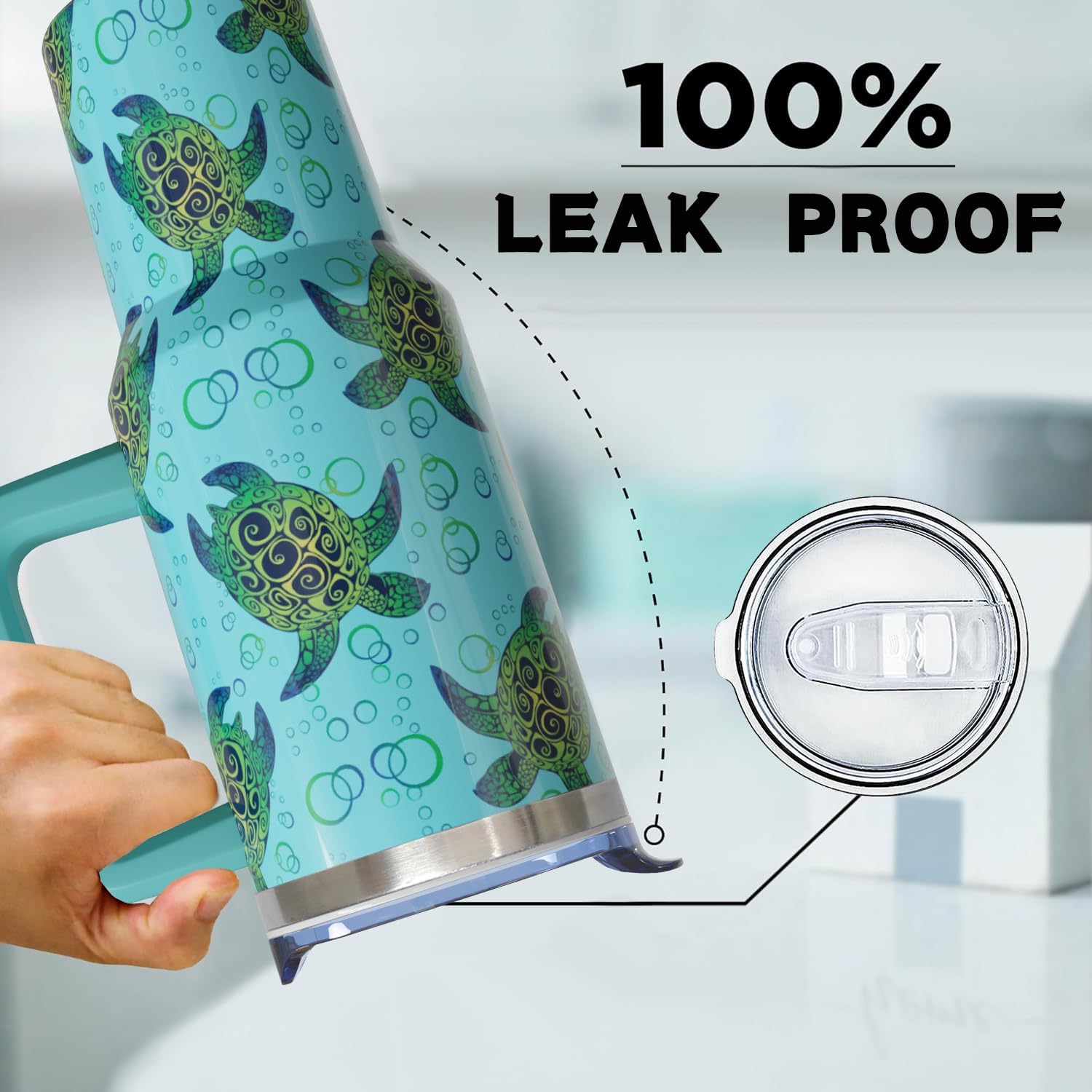 40 oz Sea Turtle Cup Tumbler with Handle Lid and Straw, Sea Turtle Gifts for Women, Cute Tumblers for Women, Teal - Image 5