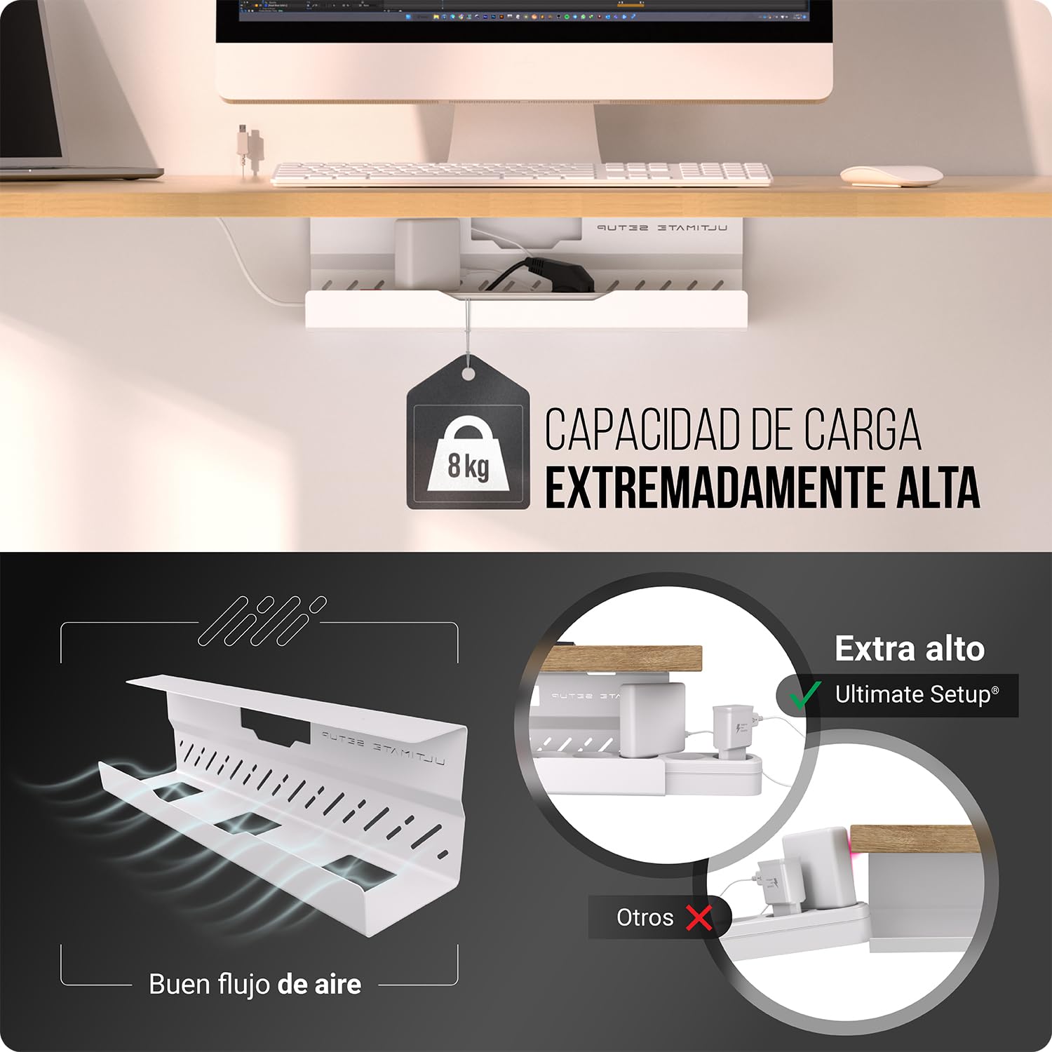 Bandeja de gestión de cables debajo del escritorio sin taladro, gestión de cables de escritorio, organizador de cables, gran capacidad de carga, bandeja de cables debajo del escritorio sin taladro