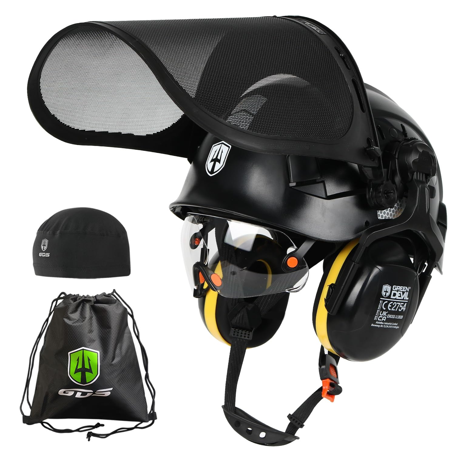 GREEN DEVIL Casco de seguridad para motosierra forestal EN397, certificado EN397, sistema 5 en 1 con protección facial de malla, visera integrada y orejeras, ventilado, para trampas de madera y