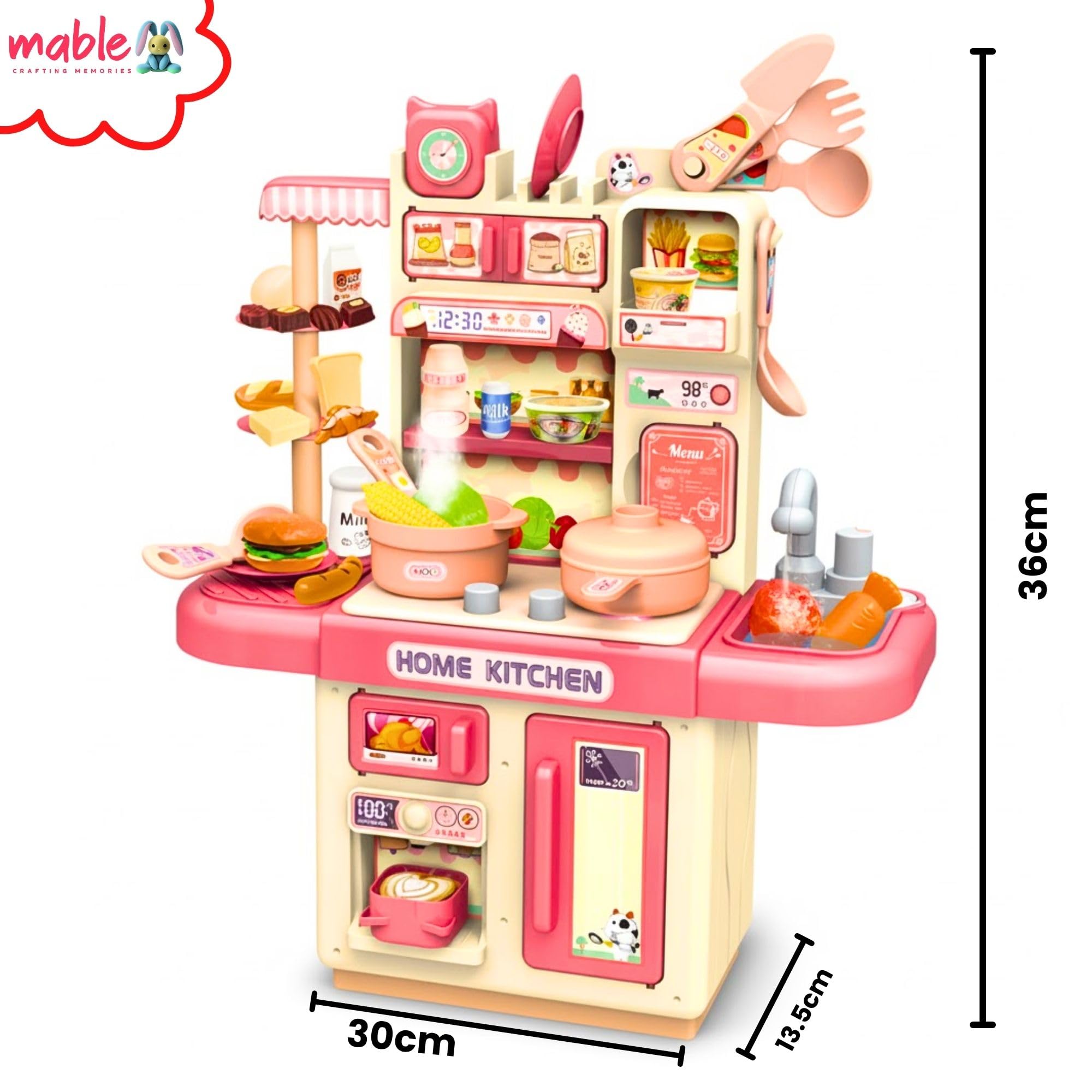 Mable Kids Kitchen Set – Interactive Pretend Play Cooking Toy with Mini Utensils | Realistic Role Play Kitchen for Girls & Boys | Light & Sound Fun, Imaginative Play, Early Learning Toy – Multicolor
