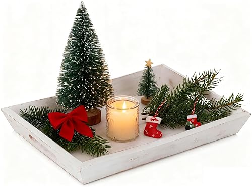 Hanobe Bandeja decorativa de madera para servir bandejas otomanas de madera rústica para mesa de café, bandeja rectangular con asas para sala de