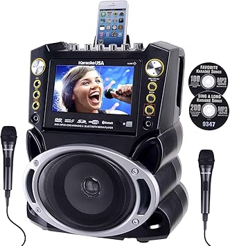 Karaoke Machine with Lyrics Display 7" Screen. CD+G, DVD, MP3+G, MP3, CD & USB. Wireless Bluetooth Speaker. Includes 2 Wired Microphones and 2 Bonus Karaoke Discs by Karaoke USA