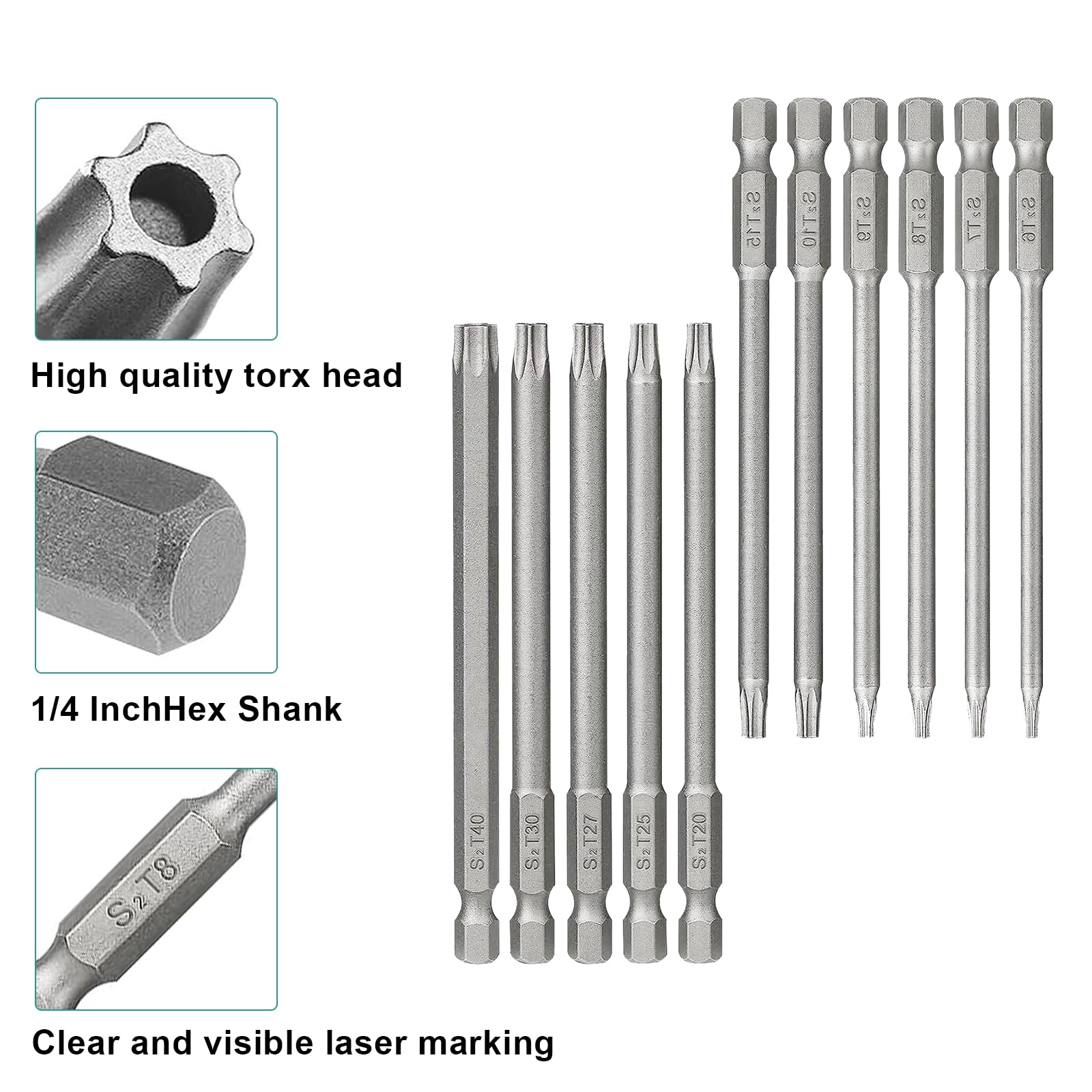 Jeu De 12 Embouts Torx Longs 200mm Magnétiques Jortmrd - T6 à T40, Poignée Incluse, Pour Visseuse Sans Fil Et Bricolage !