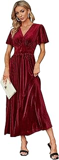 Simplee Women’s V Neck Velvet Maxi Dress Short Sleeve Empire Waist Long Formal Dress for Wedding Guest - Buy now