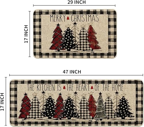 Vista 6 de Artoid Mode Buffalo Plaid Xmas Tree Merry Christmas Kitchen Mats Set of 2, Winter Home Decor Low-Profile Kitchen Rugs for Floor - 17x29 and 17x47