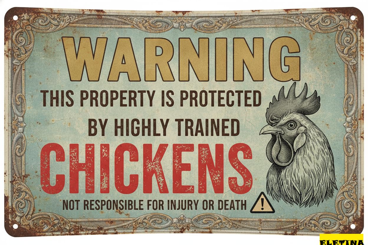 Tin Sign for Man Cave Warning This Property Is Protected By A Highly Trained Chicken Metal Private Fence Home Yard 8x12in Decorative