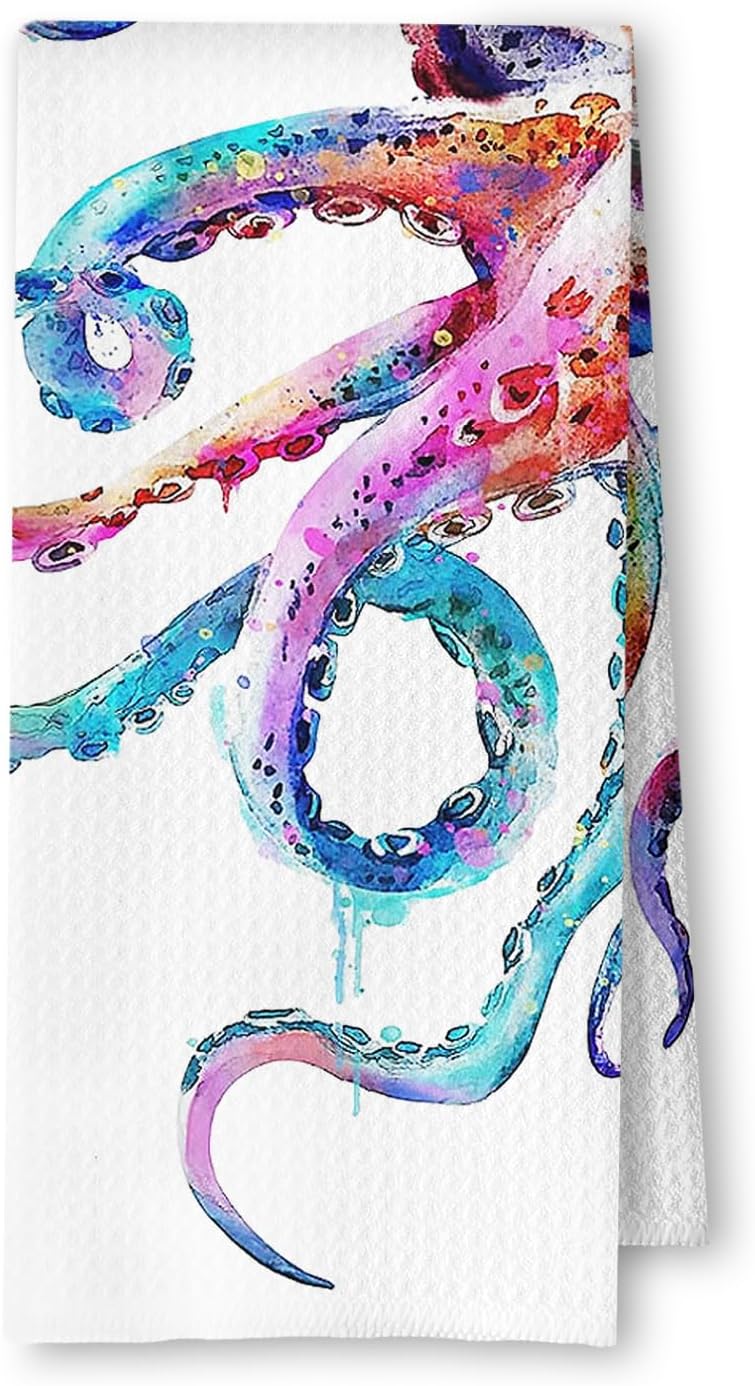 Coastal Colorful Octopus Decorative Hand Towels for Bathroom Decor, Nautical Kitchen Towels, Coastal Beach Dish Tea Towels for Kitchen Decor, 16x24 Inches