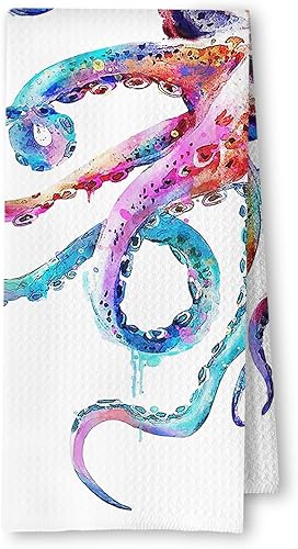 Toallas de mano decorativas de pulpo colorido costero para decoración de baño, toallas de cocina náuticas, paños de cocina costeros para decoración