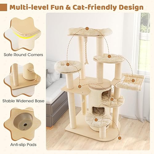 Miniatura 8 de Tangkula Árbol alto para gatos, torre grande y moderna de varios niveles de 67 pulgadas con percha superior, condominio para gatos de 3 pisos,