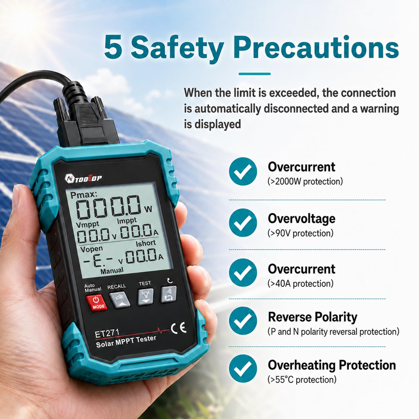 Tester Pannello Solare MPPT 2000W 2026 – Misurazione Auto/Manuale con Display LCD, Analizzatore Fotovoltaico Portatile 150V 40A, Voc Isc Vmp Pmax per Installazione e Manutenzione PV