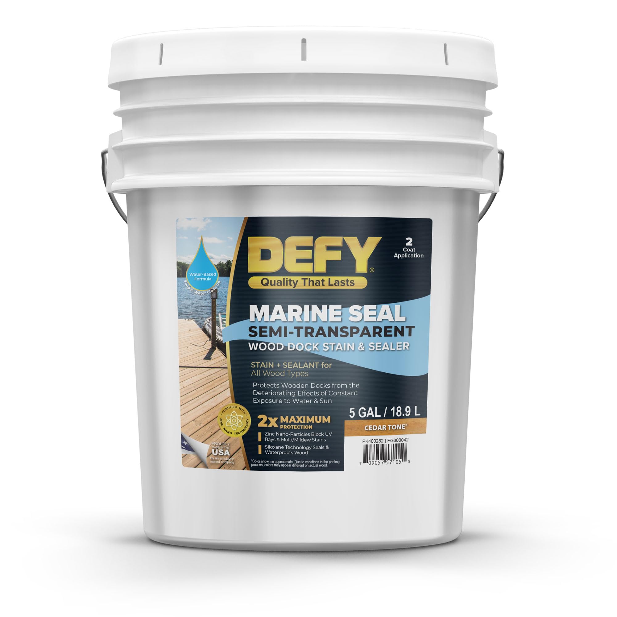 DEFY Marine Seal Semi-Transparent Exterior Wood Stain and Sealer - Waterproof Sealant for Wood Docks, Boat Piers, Marinas, Boardwalks, & More - Cedar Tone - 5 Gallon, Made in USA