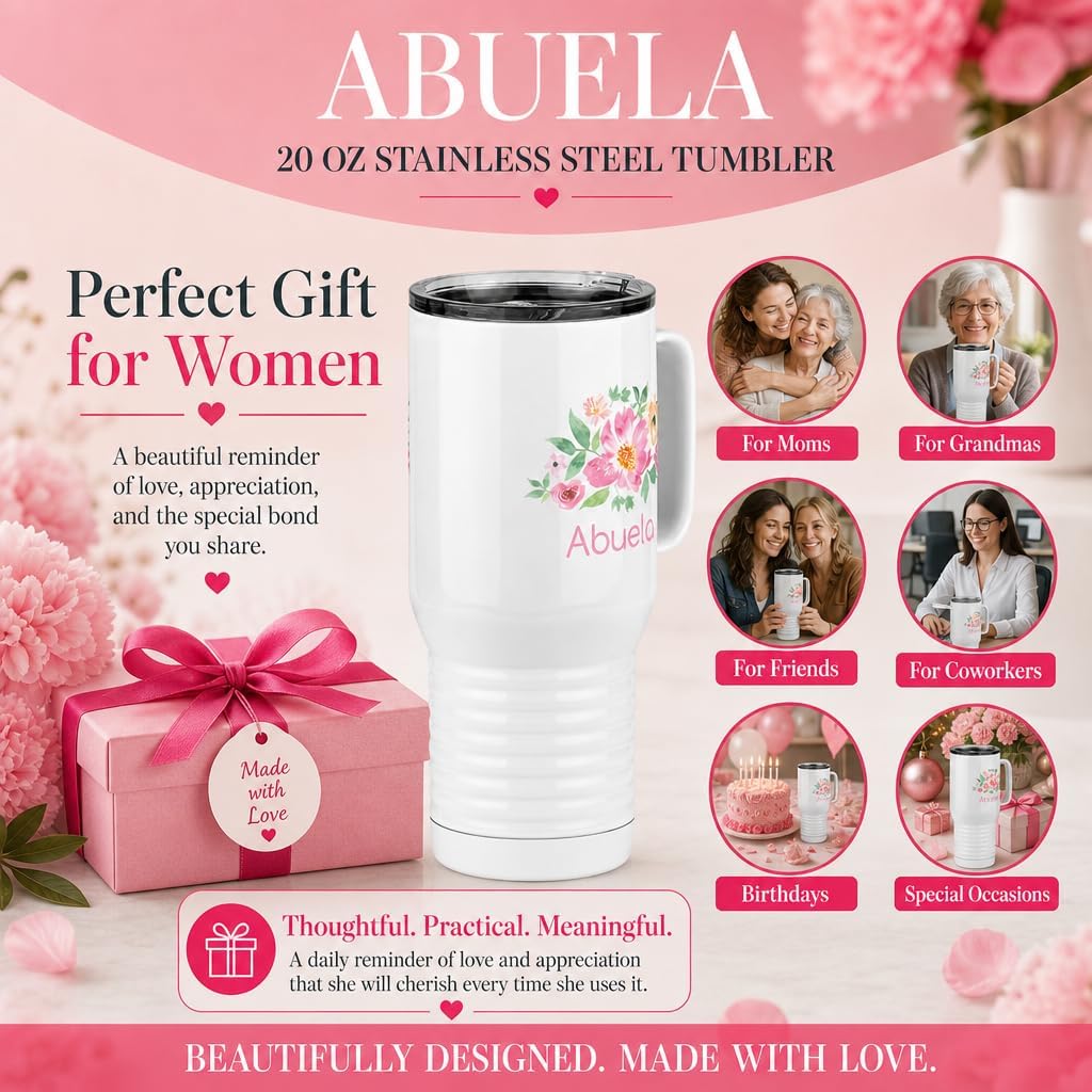 Just So Posh Abuela Flowers Tumbler, 20 oz Travel Coffee Mug with Handle & Straw Lid, Stainless Steel Insulated Coffee Tumbler, Gift for Grandmothers