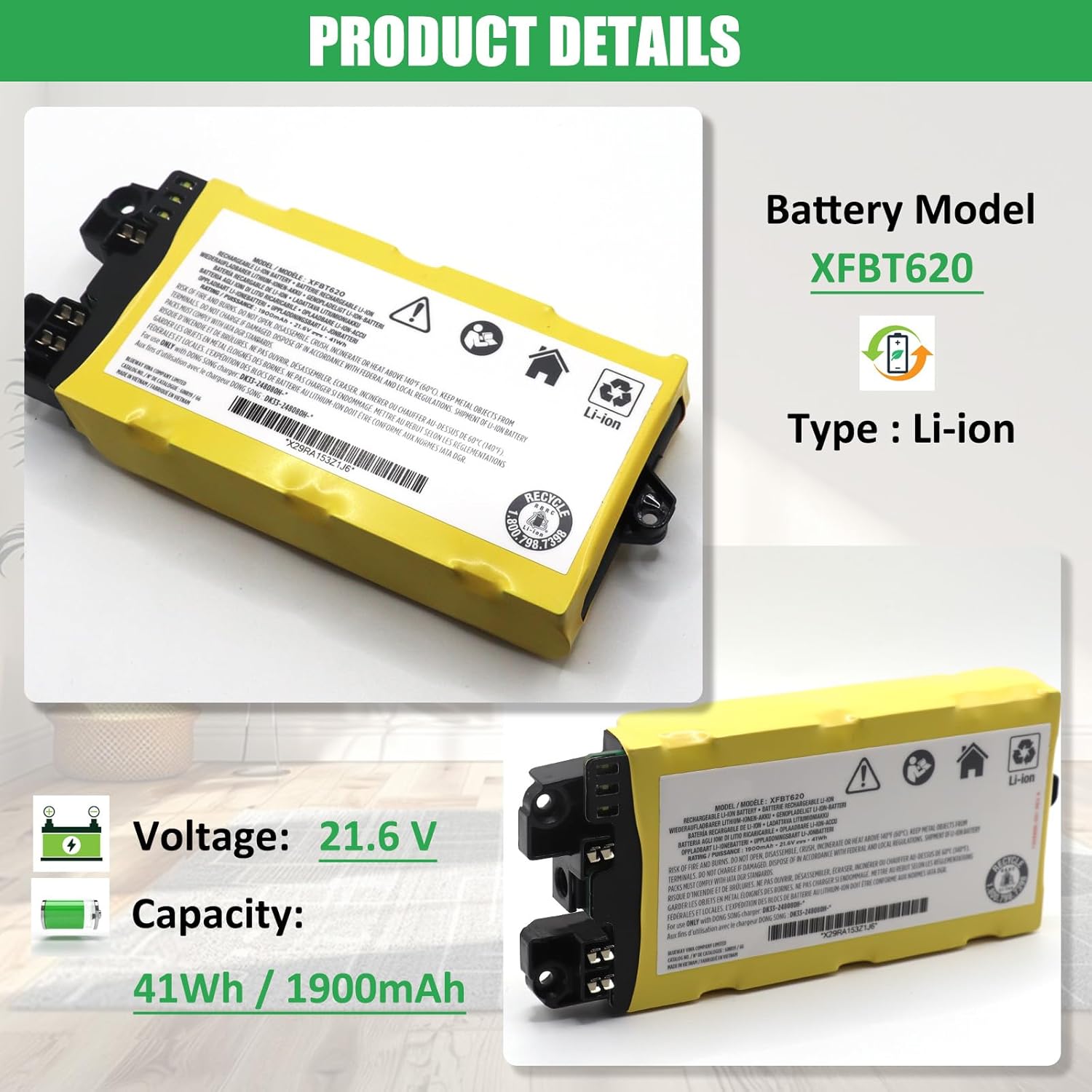 XFBT620 Lithium Ion Battery Replacement for Shark Cordless Vacuum IX140 IX141 IX142 IZ140 IZ140C IZ141C IZ142 UZ145 WZ140 WZ240 WZ250 Series 21.6V 41Wh 1900mAh