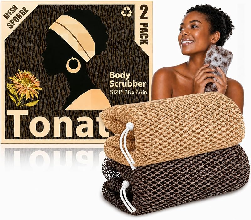 Tonater Esponja de banho em rede de nylon, Pacote com 2, bege-claro e marrom-escuro