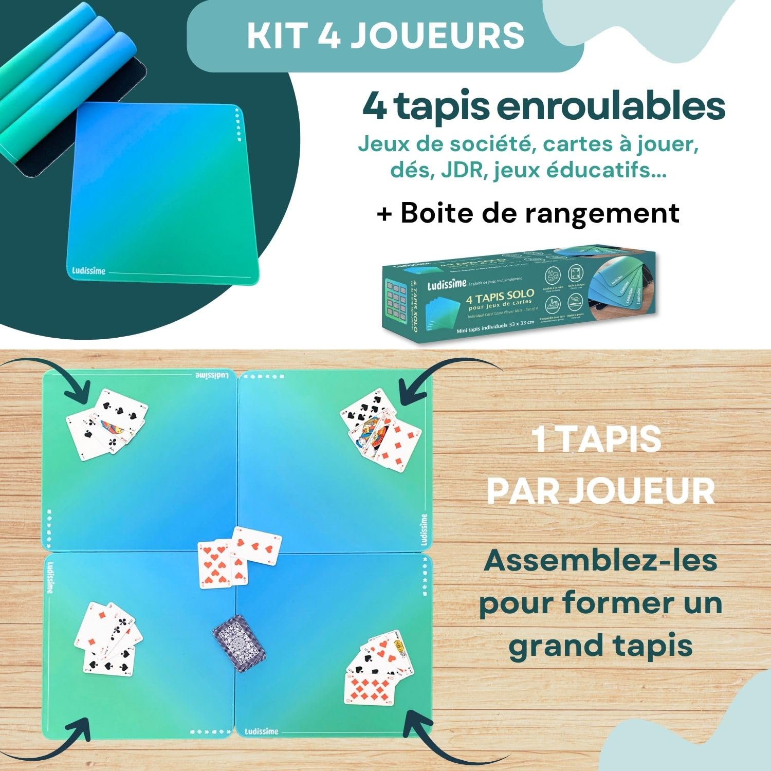 Lot 4 Mini Tapis de Jeux de société 33x33 cm pour Cartes | 4 tapis individuels : 1 par joueur, néoprène antidérapant, format compact pour cartes, famille et voyage
