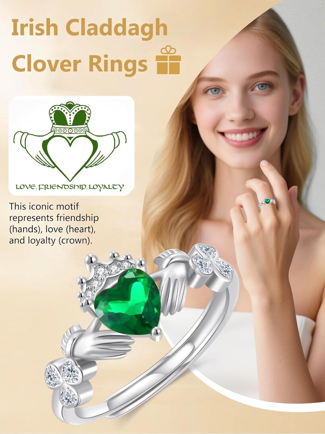Dreamboat Sterling Silver Claddagh Rings for Women Irish Rings Clover Shamrock Green Heart Irish Gift Made In Ireland Luck Scottish Jewelry