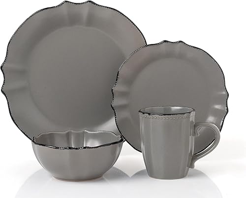 Miniatura 2 de Lorren Home Trends Vajilla gris pizarra con borde festoneado, 16 piezas, tamaño pequeño