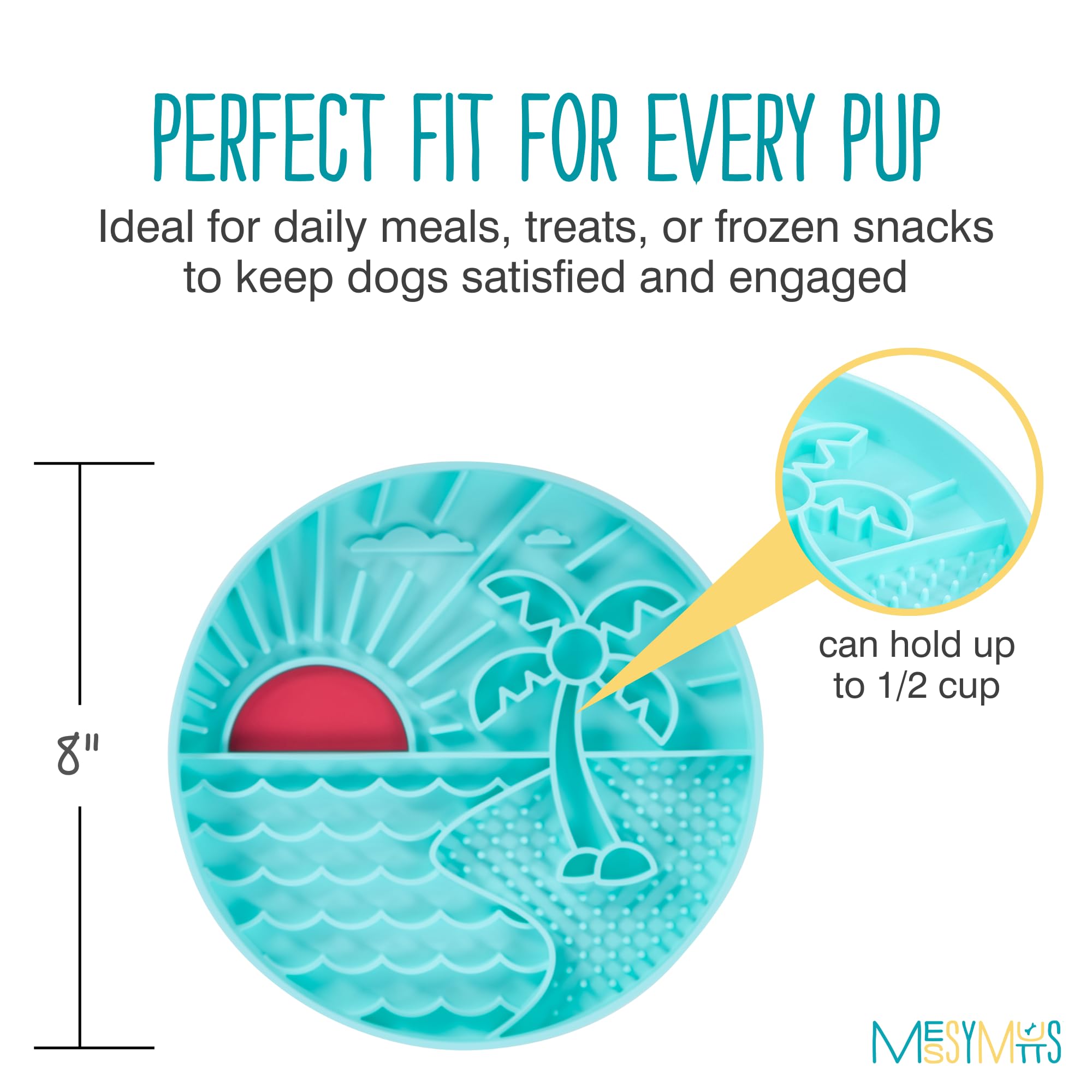 Messy Mutts and Cats - Alimentador lento interactivo | Color verde azulado playa - Capacidad de 2 tazas | Rompecabezas redondo de silicona de 8 pulgadas para perros y gatos | Plato de alimentos