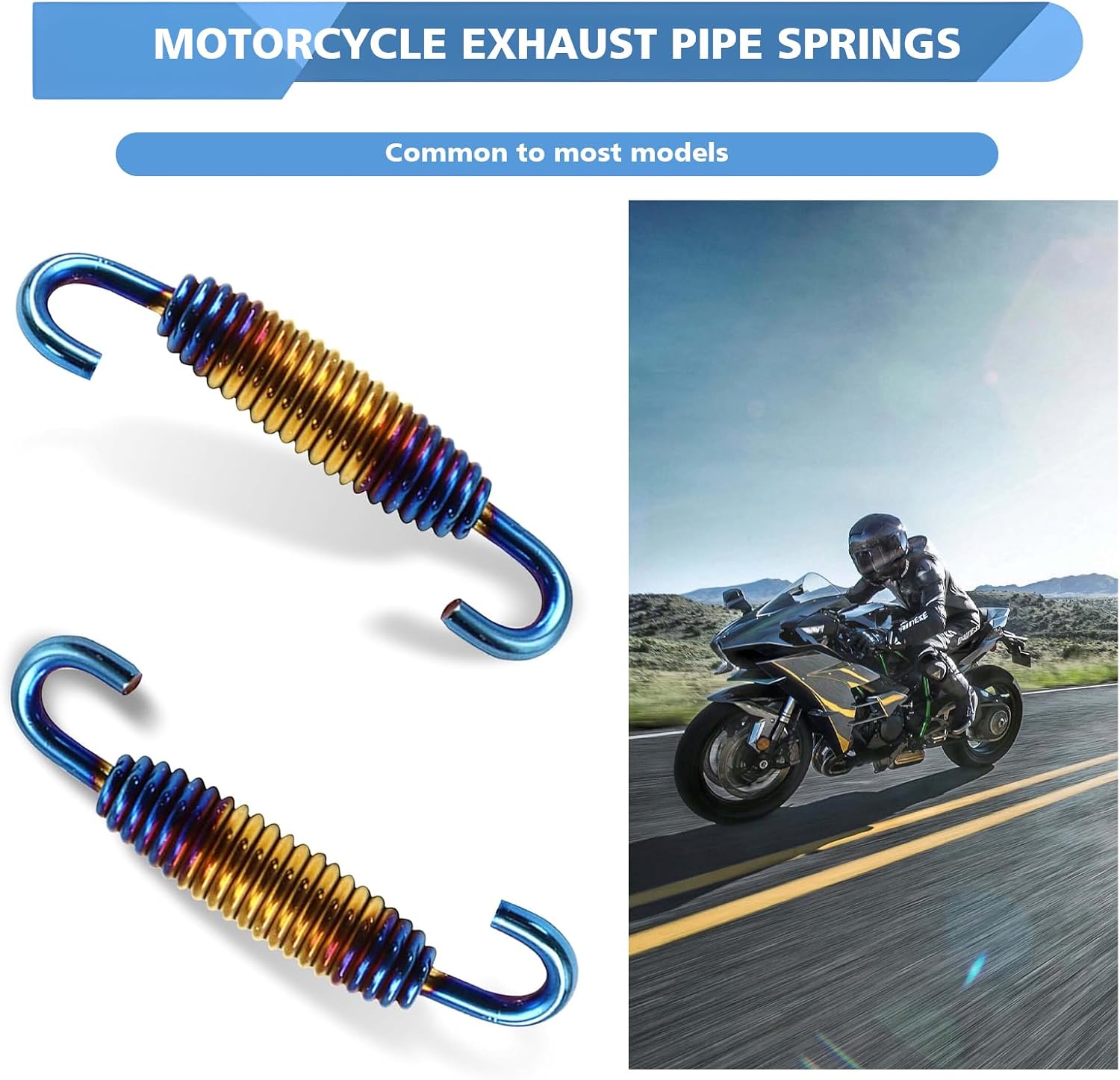 2 PCS Motorcycle Exhaust Pipe Spring, Stainless Steel Exhaust Muffler Spring Hooks, 1.57" - 2.36" Extended Range, Universal for Motorbike, Scooters, ATVs (Multicolored Blue)