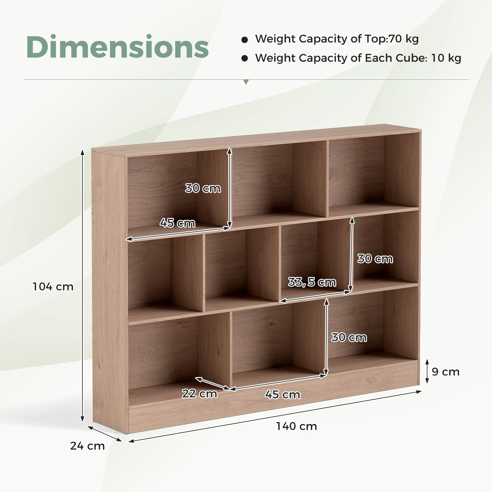 KOMFOTTEU Estantería Abierta con 10 Compartimentos, Librería de 3 Niveles con Dispositivo Antivuelco, Mueble de Almacenamiento para Salón, Oficina (Natural, 140 x 24 x 104 cm)