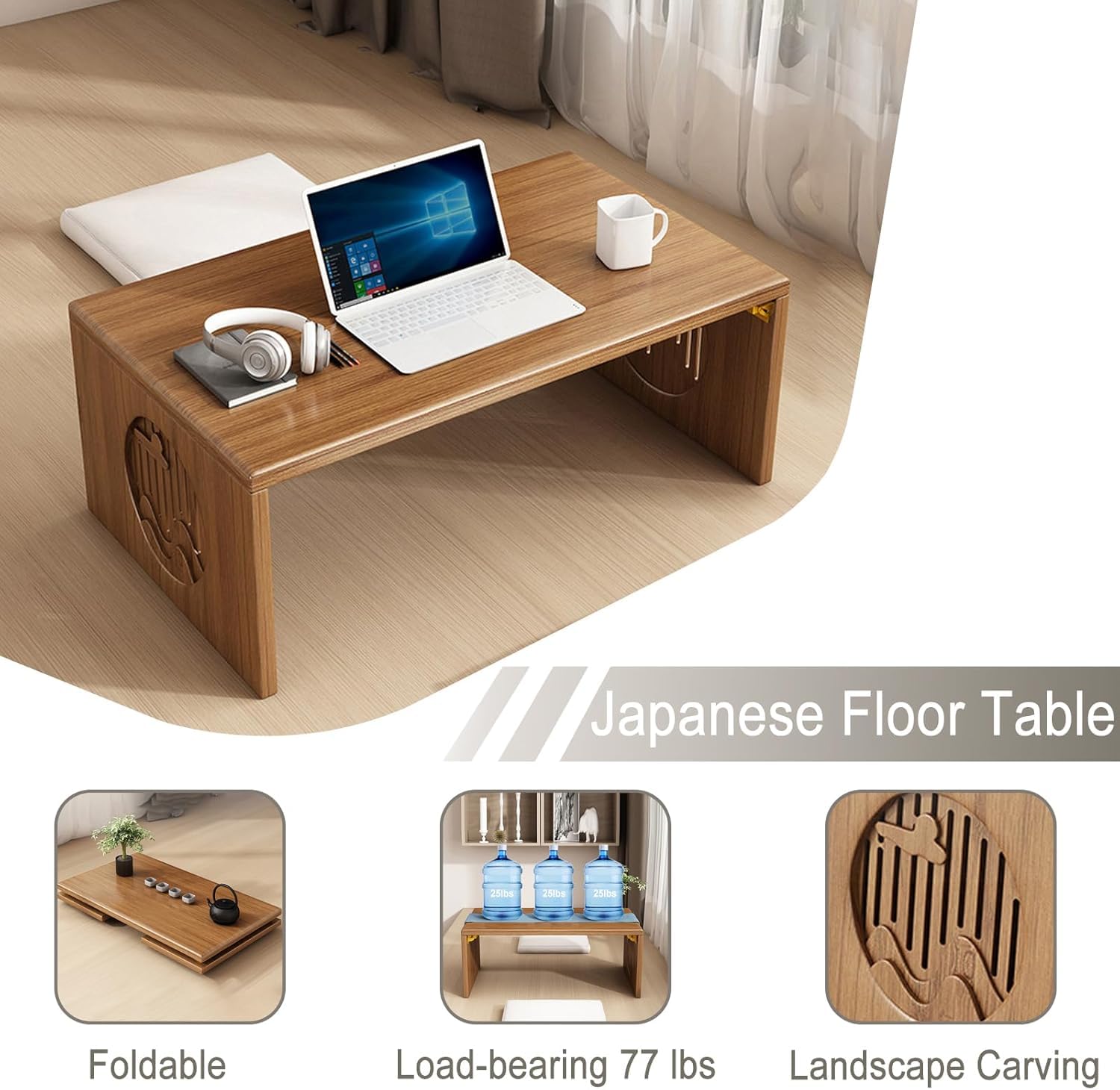 Mesa plegable japonesa, mesa de meditación de bambú para sentarse en el suelo, mesa de té portátil para sala de estar, comedor, decoración del hogar