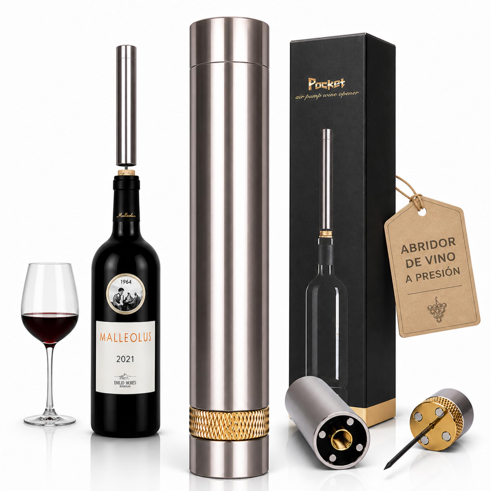 Sacacorchos Aire Presión Profesional Acero Inoxidable Abrebotellas Premium Regalo Hombre Original Accesorio Vino Tinto Fácil Uso Sin Esfuerzo Elegante Abridor Botellas Regalo compañeros trabajo