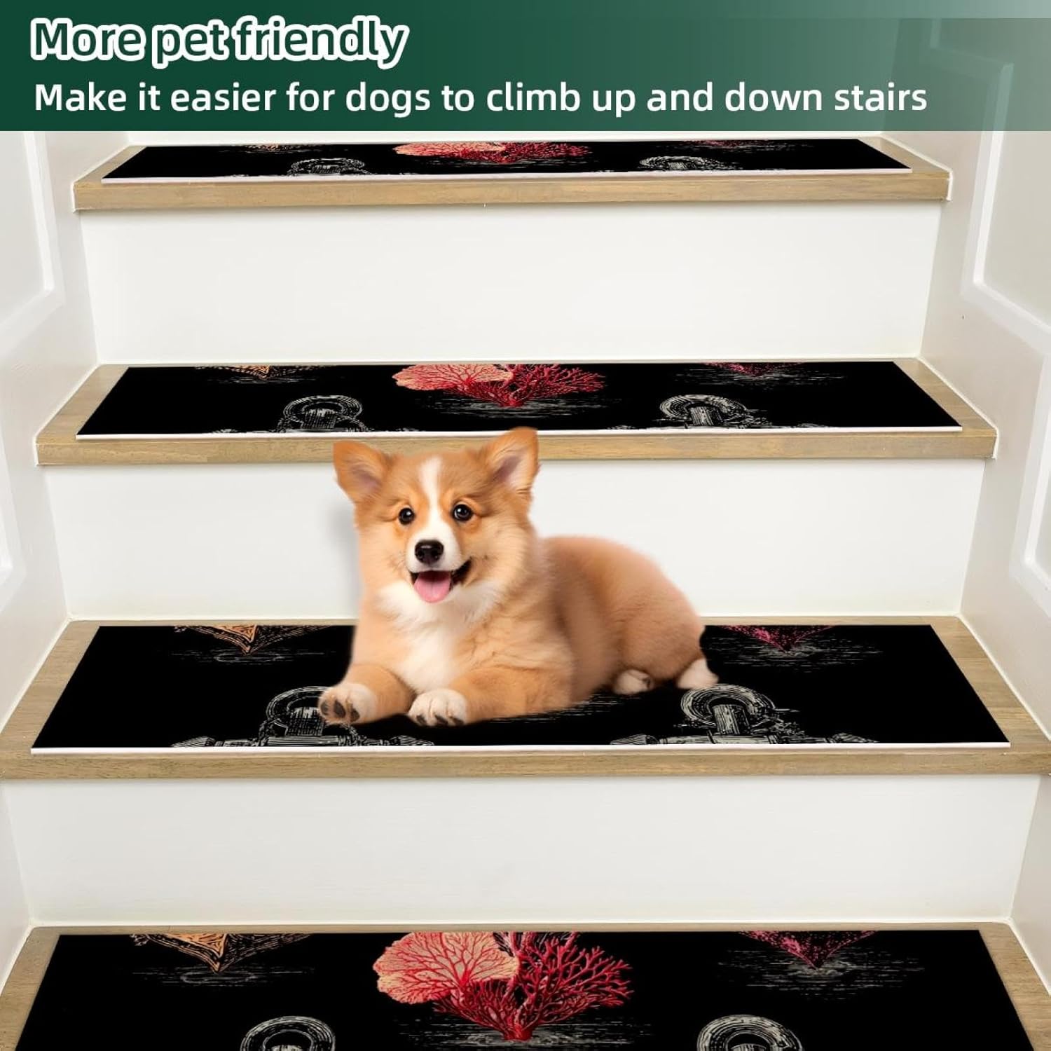 Nautical Anchors and Corals (3) Stair Treads for Wooden Steps Indoor Runner Rug Carpet, 15 Pieces Peel and Stick Staircase Step Treads Covers Washable Throw Door Mats 30"x8"