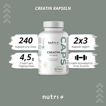 Nutri + Creatine Creapure capsules with 850 mg creatine monohydrate powder - 100% purely vegan + high dose - 240 high quality creatine caps from Germany