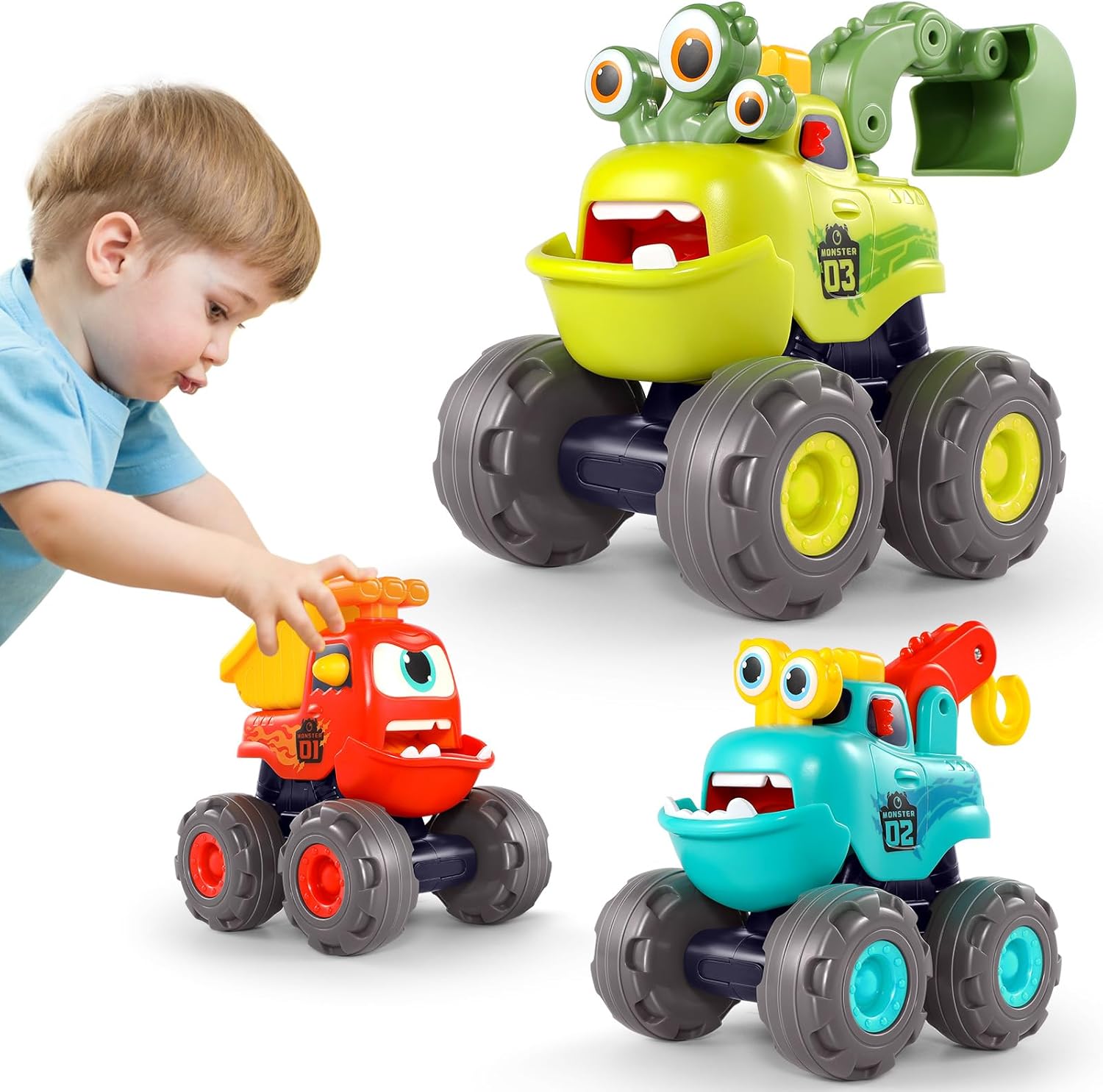 Toys for 1 Year Old Boy, Monster Truck Toys Construction Cars for Toddler 1-3 Crane Truck Dump Excavator Pull Back Car Toddler Toys for Baby 12-18 Months 1 Year Old Boy Gifts for Birthday Xmas