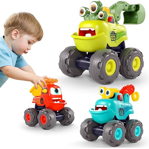 Toys for 1 Year Old Boy, Monster Truck Toys Construction Cars for Toddler 1-3 Crane Truck Dump Excavator Pull Back Car Toddler Toys for Baby 12-18 Months 1 Year Old Boy Gifts for Birthday Xmas