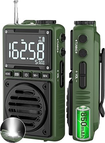 Radio digital AM FM con linterna, radio de bolsillo portátil recargable de 850 mAh con la mejor recepción, pantalla LCD, clip trasero, conector