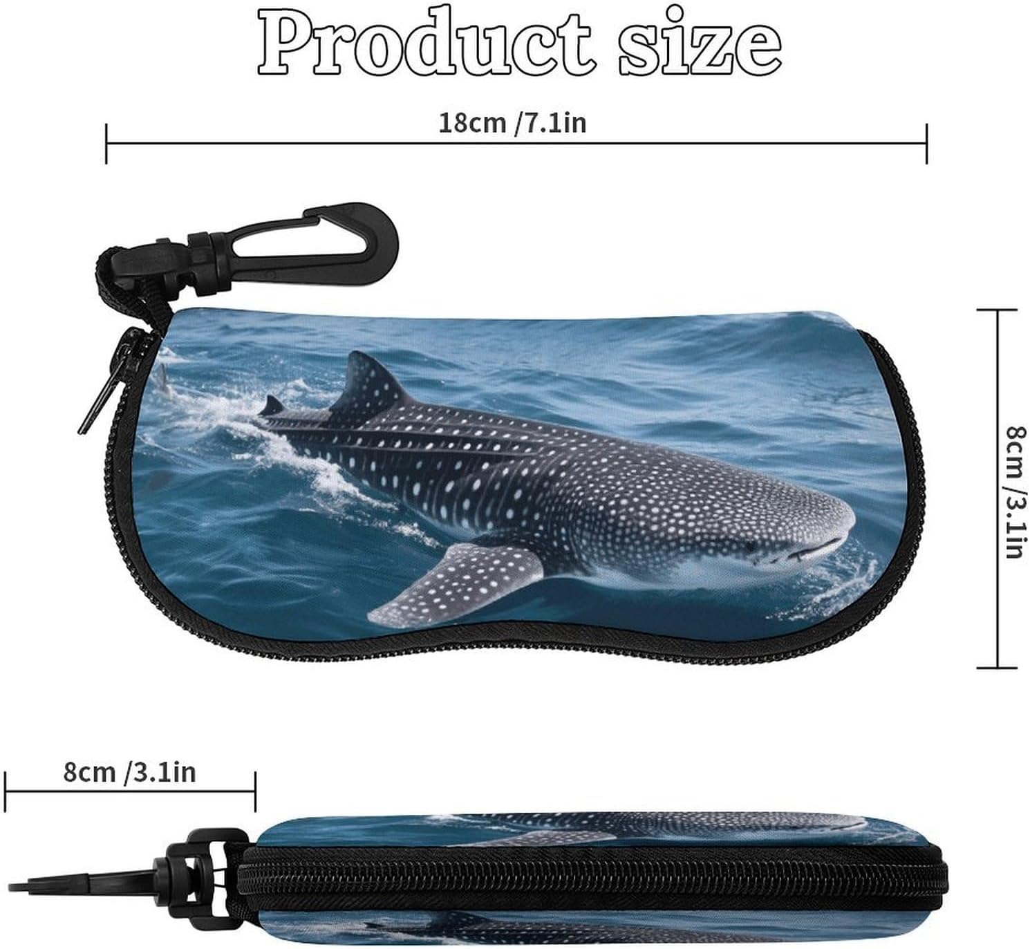 Whale Shark Glasses Case for Women Men Waterproof Sunglasses Case with Carabiner Clip Soft Eyeglass Pouch for Prescription/Reading/Computer/Sports Goggles Travel Eyewear Organizer