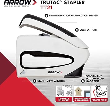 Arrow TT21 TruTac Forward Action Staple Gun, Manual Push Stapler for Upholstery, Crafts, Decorating, and Repairs, Fits JT21 Thin Wire Staples