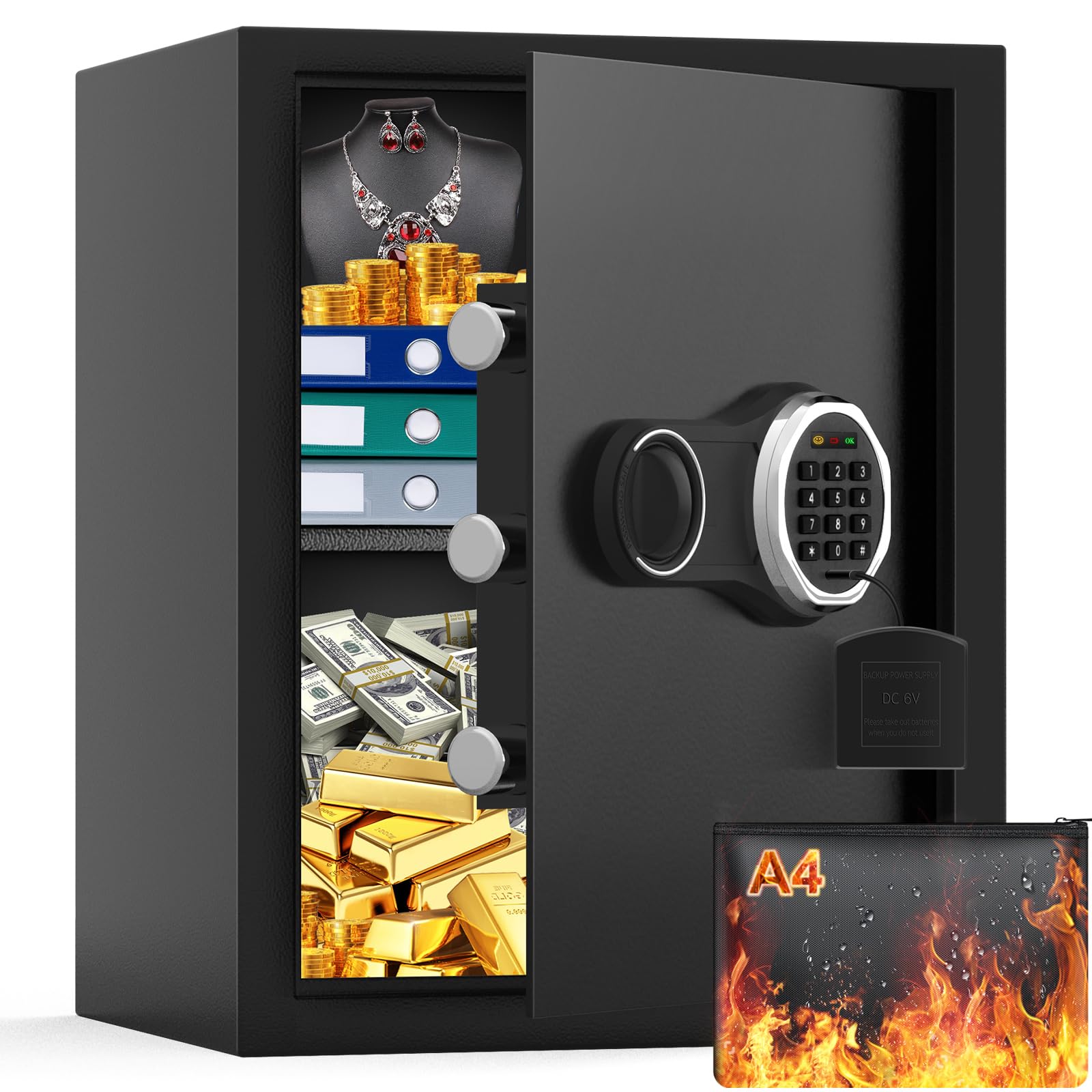 fireproof safe box with fireproof document bag, 2.4 cubic personal fireproof safe with backlit keypad, anti-theft security home safes for money documents jewelry valuables