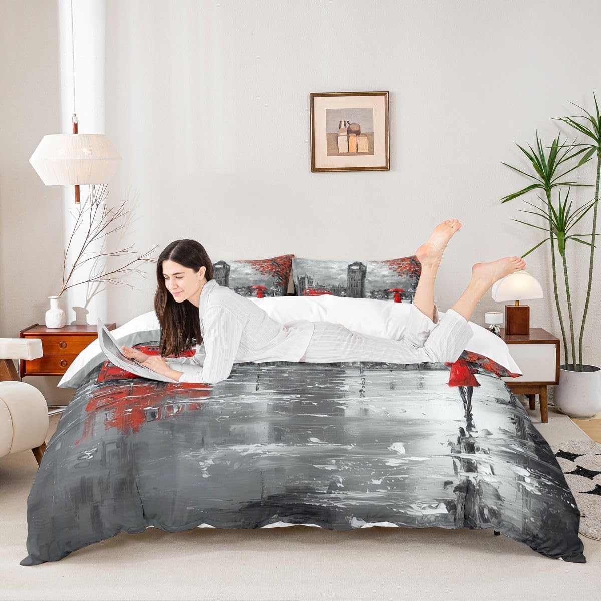 Feelyou London Bedding Set for Couples Soft Microfiber Big Ben Duvet Cover Grey Red Double Decker Bus Pattern Comforter Cove Decorative Cityscape Bedspread Cover Street Full Zipper&Ties