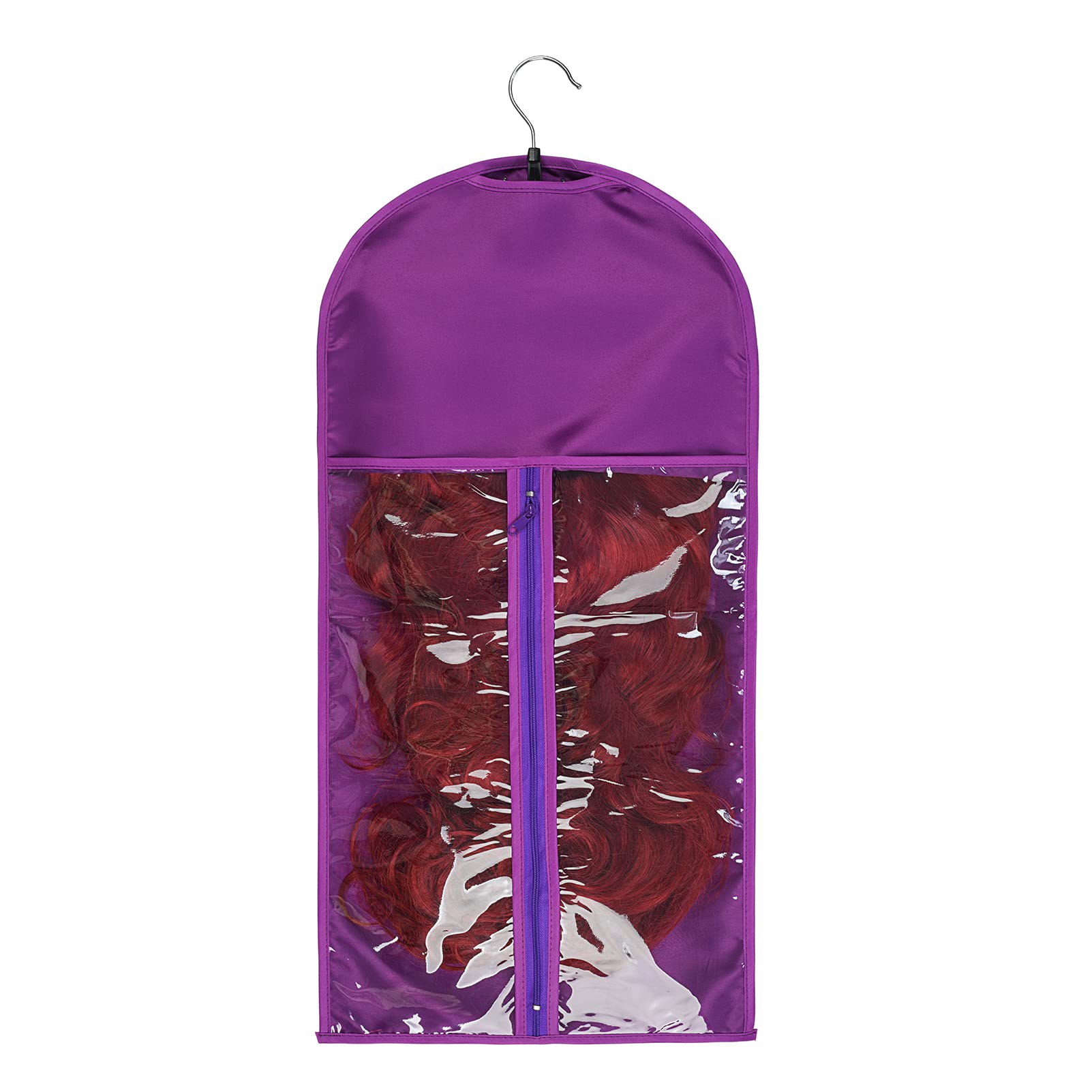 Satin Perücken Aufbewahrungsbeutel Haarverlängerungen Tasche Perückentasche mit Holzaufhänger Set (60 * 29cm/23.6 * 11.4",Lila mit rundem Winkel*5)