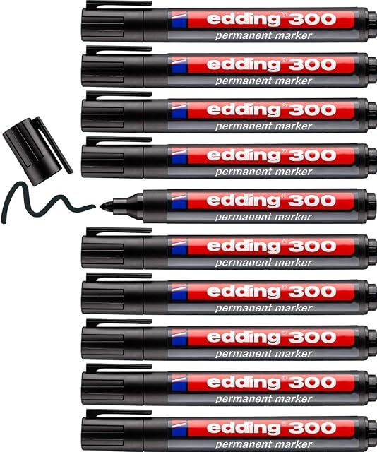 edding 300 permanent marker - black - 10 pens - round tip 1.5-3 mm - waterproof, quick-drying, smear-proof pens - for cardboard, plastic, glass, wood, metal and fabric
