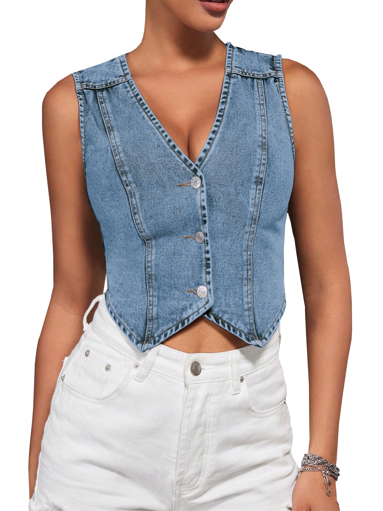 SHENHEWomen's Denim Vest Button Down Sleeveless Jean Vest Top Y2K Cropped Jean Jacket 2024 Fashion Western Clothes
