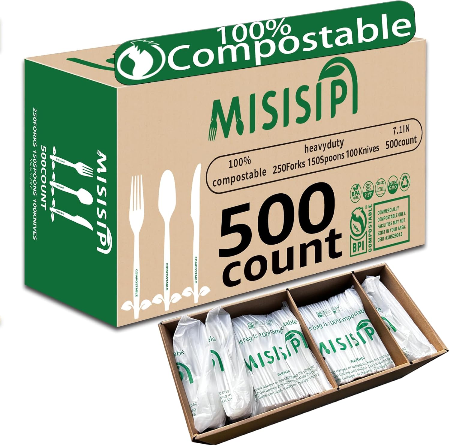 MISISIPI Compostable Forks Spoons Knives Silverware Utensil set Extra Heavyduty Eco-friendly BPI Certified Disposable Plastic free Utensils Cutlery Set Flatware Tableware (Cutlery Set-500)