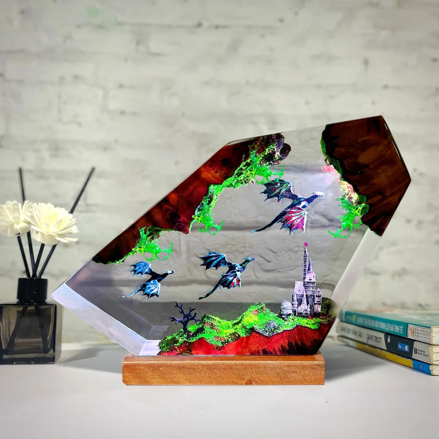 Epoxy Resin Fire Dragon Lamp, Handmade Dragon Night Lights with Wooden Base for Home Office Decor,RGB Light,Dragon Gifts for Women & Men,Valentine's Day Gifts (S,6"x4")
