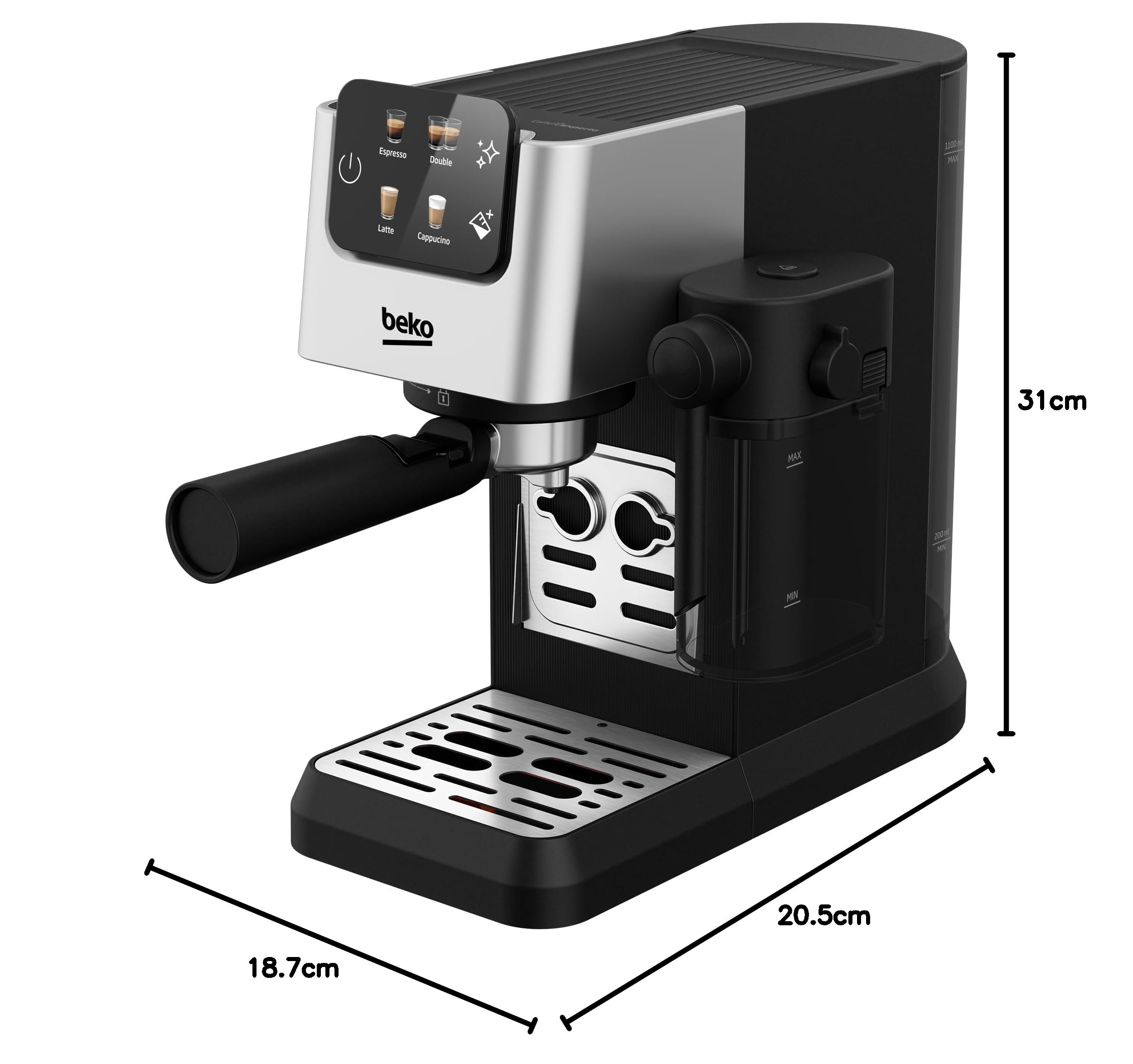 Beko CEP5304X - Macchina Caffè Espresso Manuale, Montalatte Integrato, 1,1 L, 15 bar - Inox, 14,5 x 42,5 x 35,5h cm