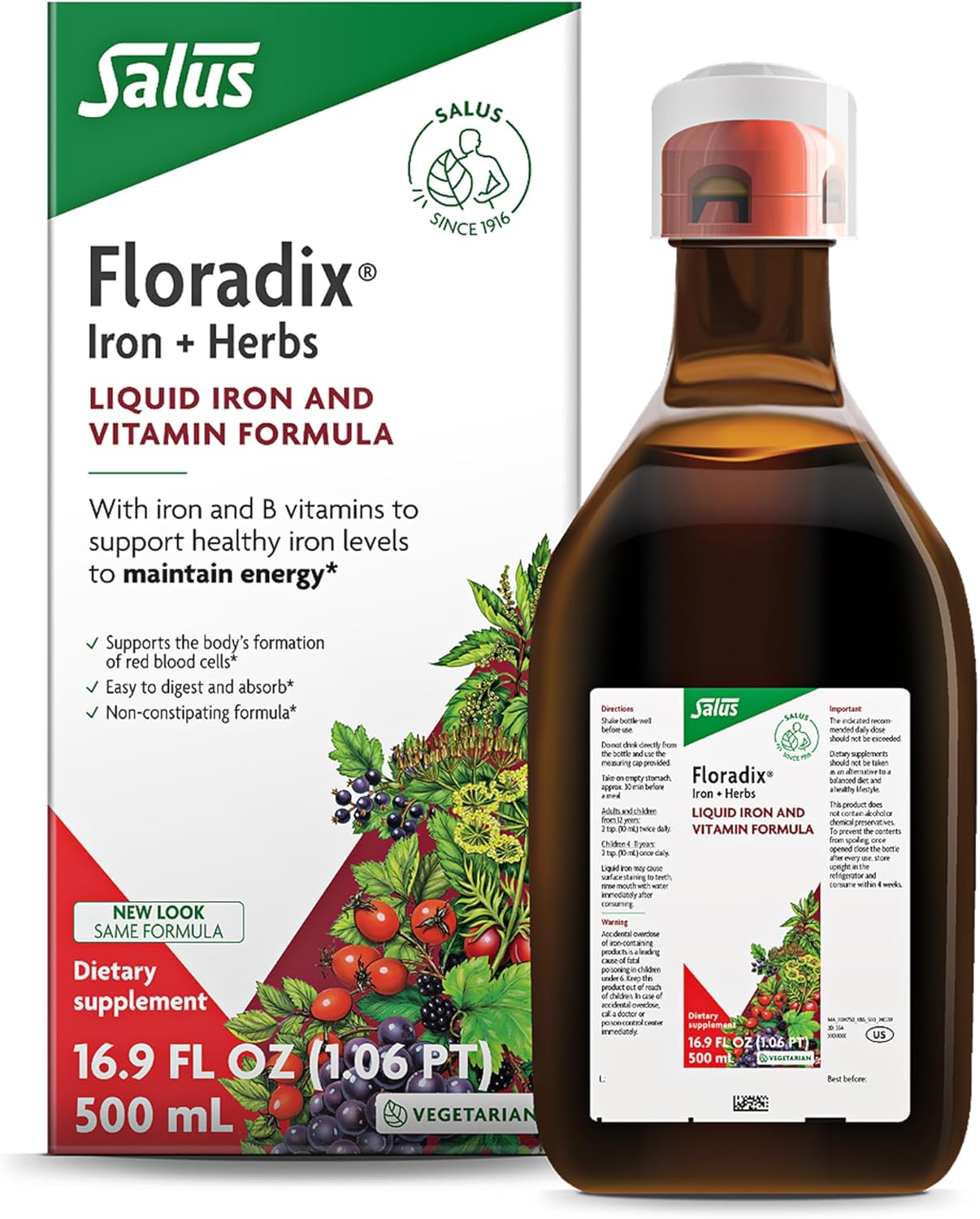 Floradix Iron & Herbs - Liquid Herbal Supplement for Energy Support - Iron Supplement with Vitamin C & Vitamin B Complex - for Men & Women - 16.9 fl oz