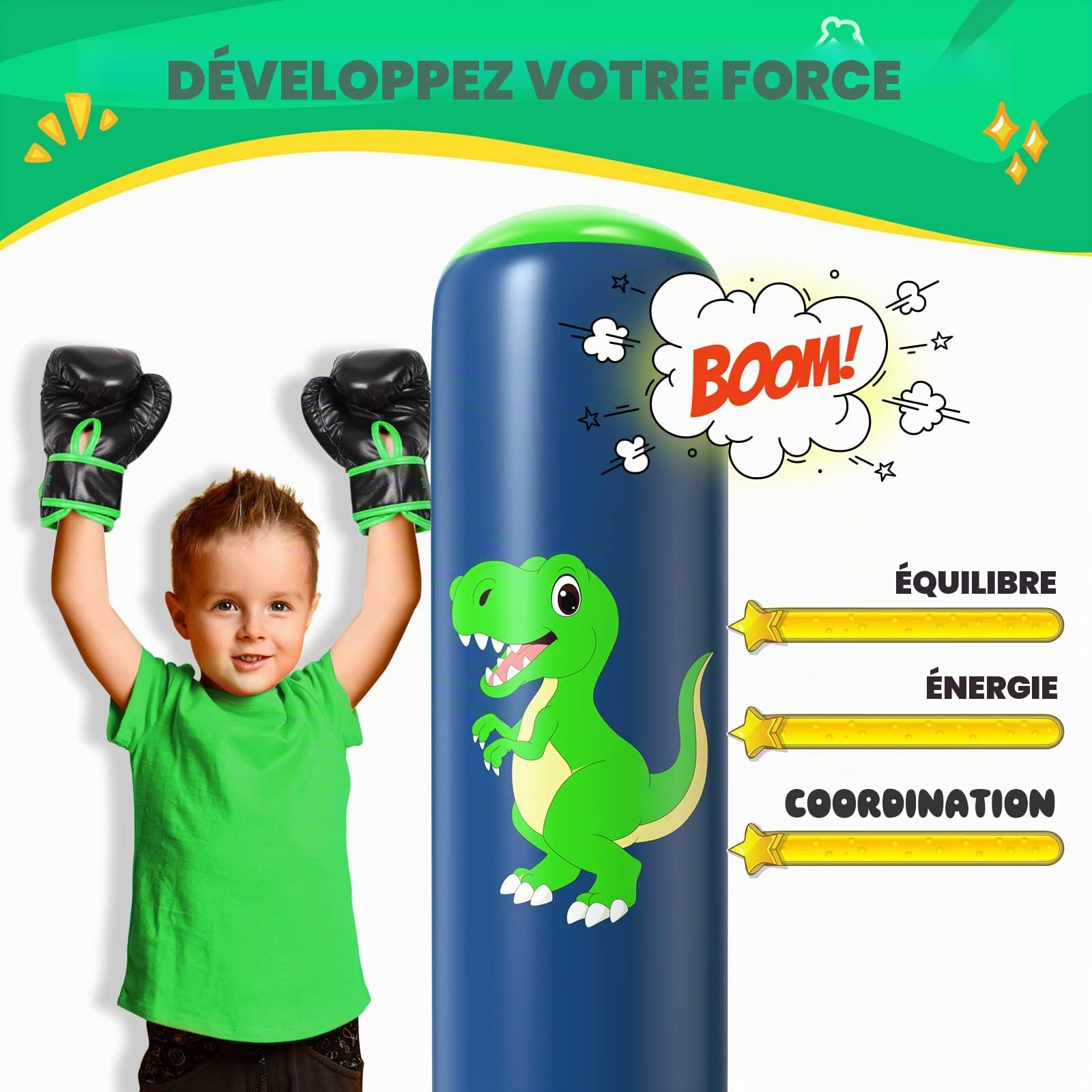 Sac de Boxe pour Enfants QPAU, Sac Boxe Gonflable Pied 3-8 Ans, Cadeaux Enfants, Set Debout Karaté Taekwondo