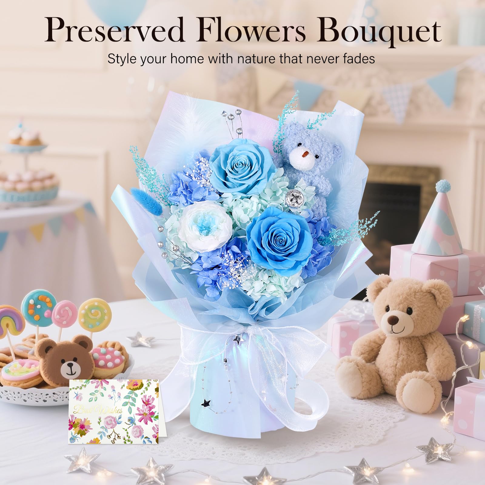 Bouquet di fiori stabilizzati con orsetto, 3 rose eterne vere, bouquet di rose blu a lunga durata, regalo per anniversario e compleanno, San Valentino per lei, per donna, ragazza, fidanzata